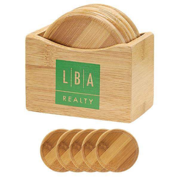 HST41435 5 Piece Bamboo Coaster Set with Holder and Custom Imprint